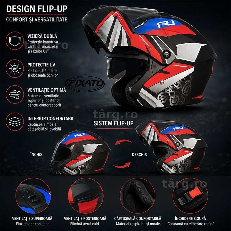 Casca Moto/Scuter Flip-Up, Viziera Dubla, Protectie UV, Rosu 3
