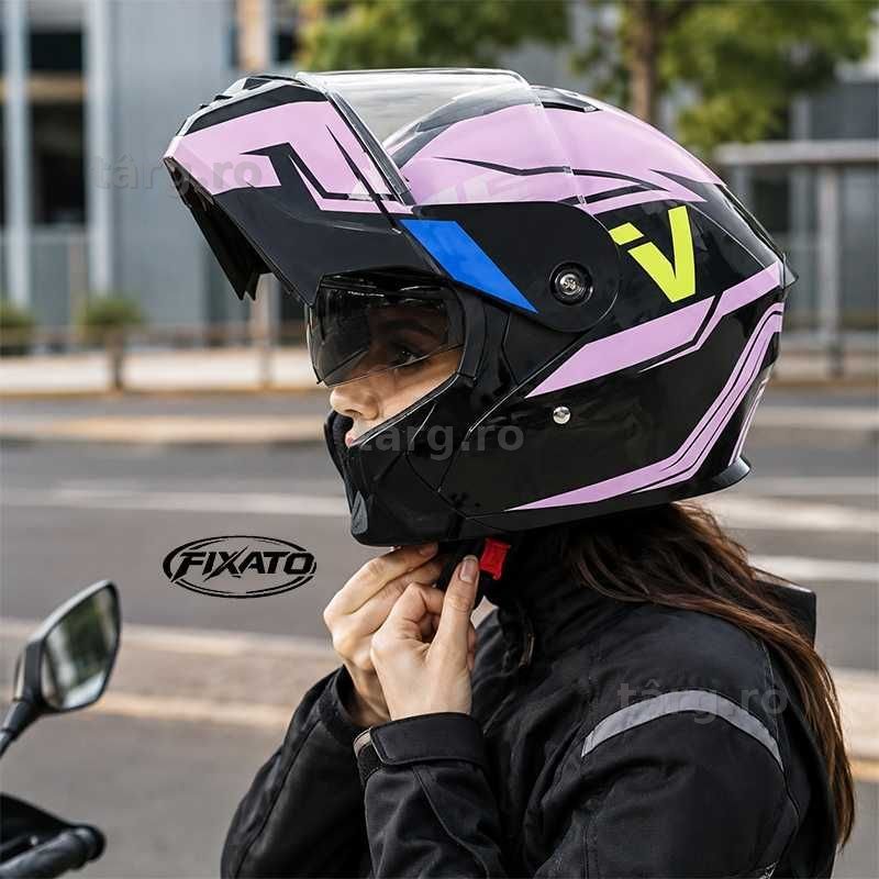 Casca Moto/Scuter Flip-Up, Viziera Dubla, Protectie UV, Roz 2