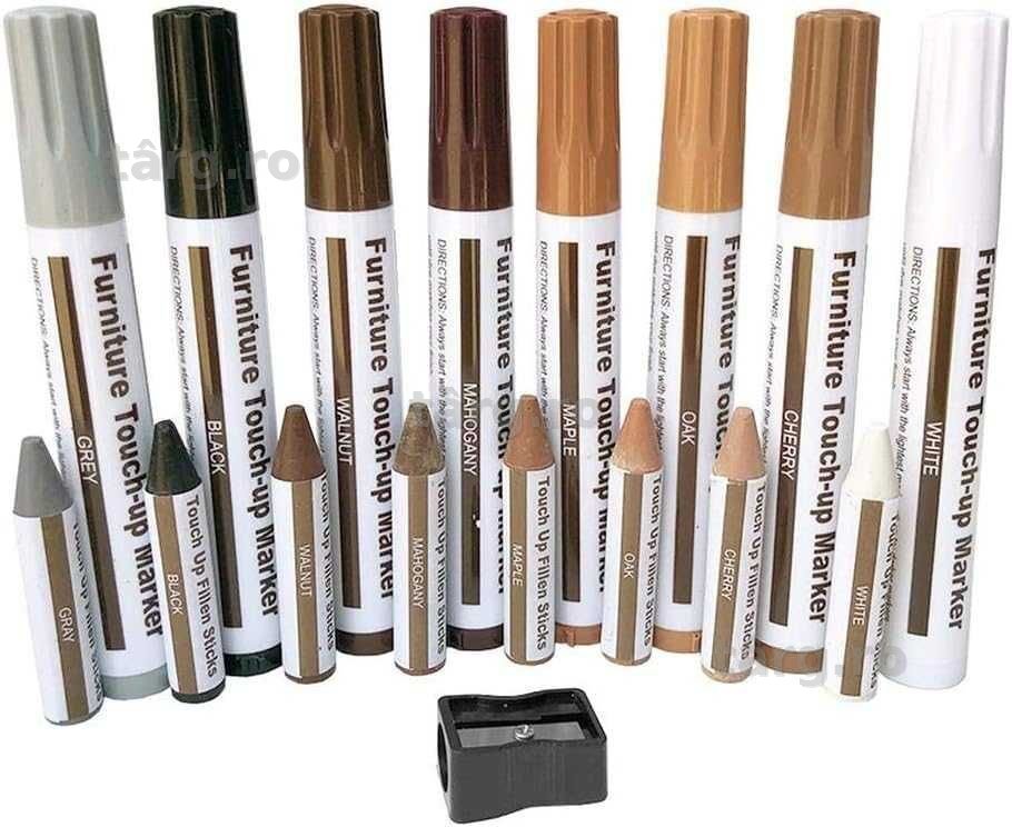 Set Reparare Zgarieturi Mobilier din Lemn 8 Markere + 8 Creioane Ceara