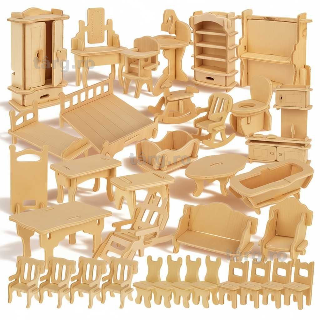 Set mobilier din lemn casa papusi 34 piese miniaturi DIY pt. asamblat