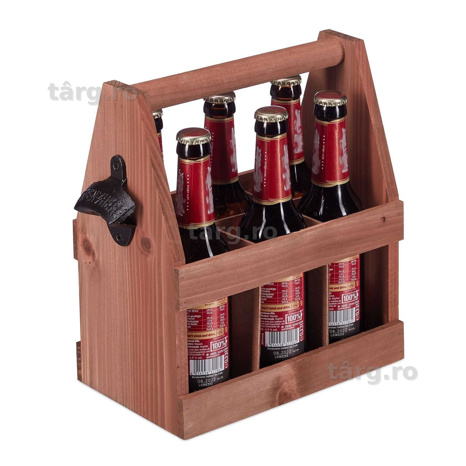 Suport din lemn de pin pentru 6 sticle de 0.33L cu deschizator lateral