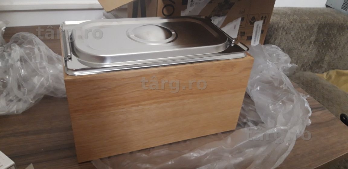 Cos de gunoi organic de bucatarie, Kazai, 27.4x17x15.9 cm, stejar, inox si lemn, 4.5 litri, forma dreptunghiulara, decor scandinav interior