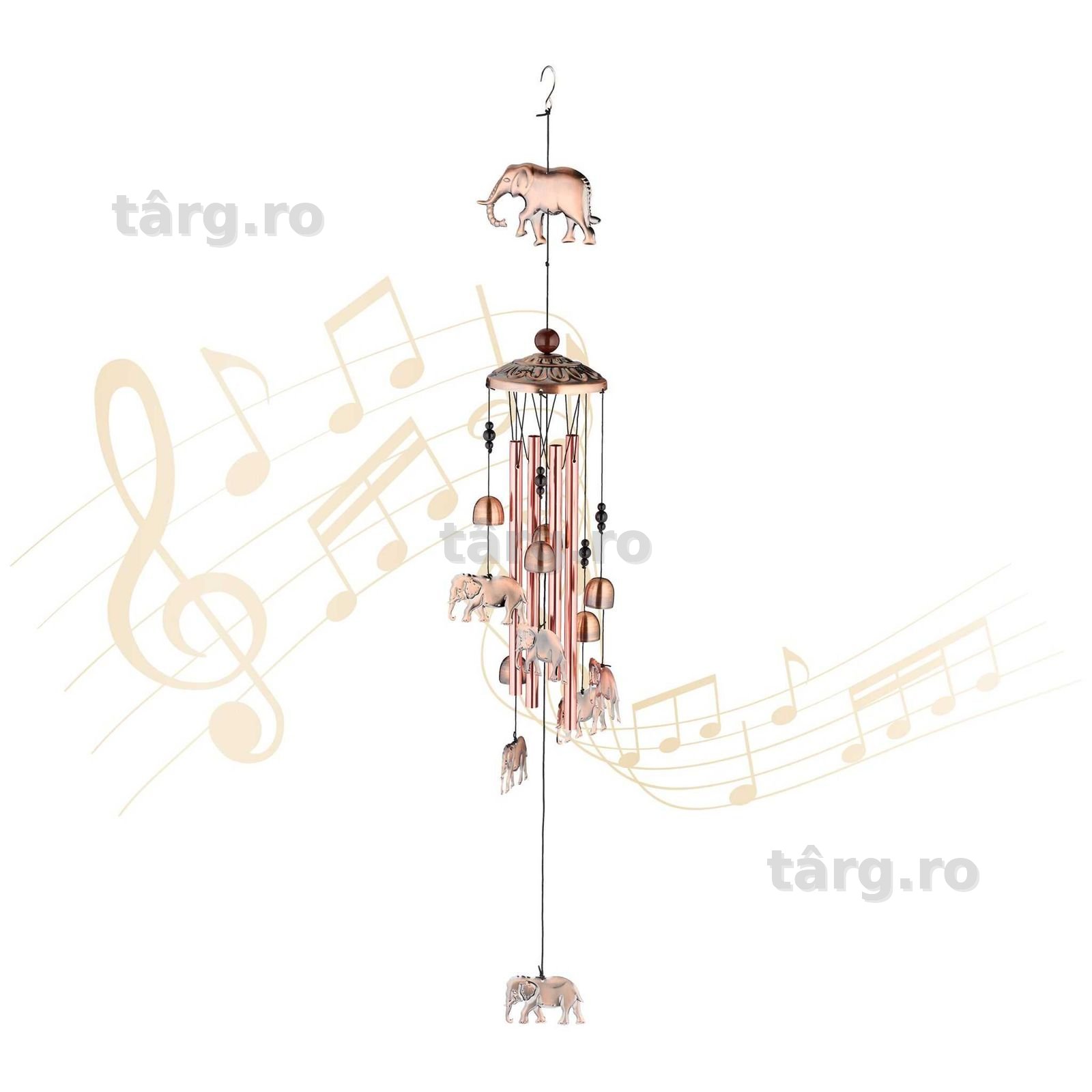 Clopot de vant din metal cu elefanti decor Feng Shui 90 x 11.5 cm