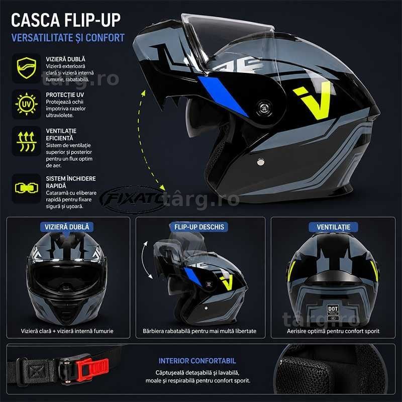 Casca Moto/Scuter Flip-Up, Viziera Dubla, Protectie UV, Albastru Deschis 3