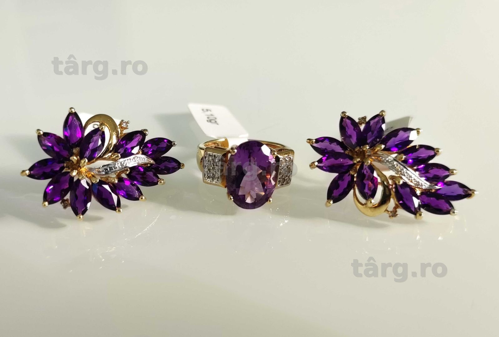 Set 14k inel si cerceii  Amethyst si Diamante 14gr