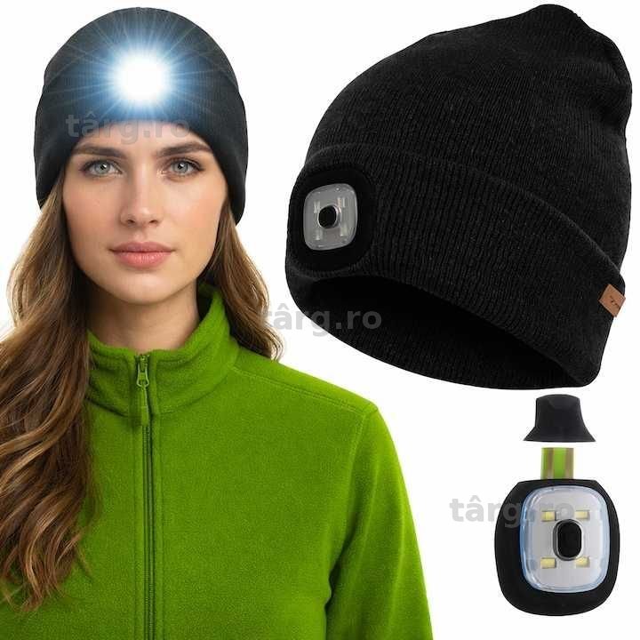 Caciula de iarna cu lanterna LED detasabila 3 moduri de iluminare