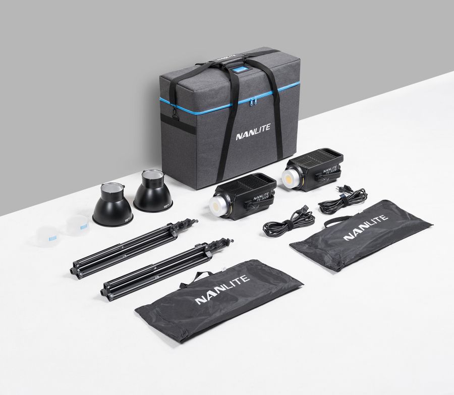 Nanlite FS-300B 2KIT LED Bi-Color Spot Light + Bag + Softboxes + Stands