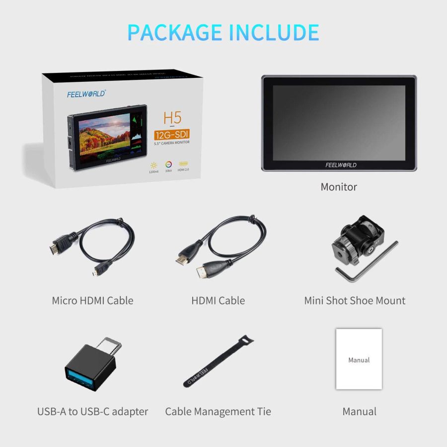 FeelWorld H5 5.5-inch 12G SDI HDMI 2.0 Camera Field Monitor High Brightness 1200nit Touchscreen