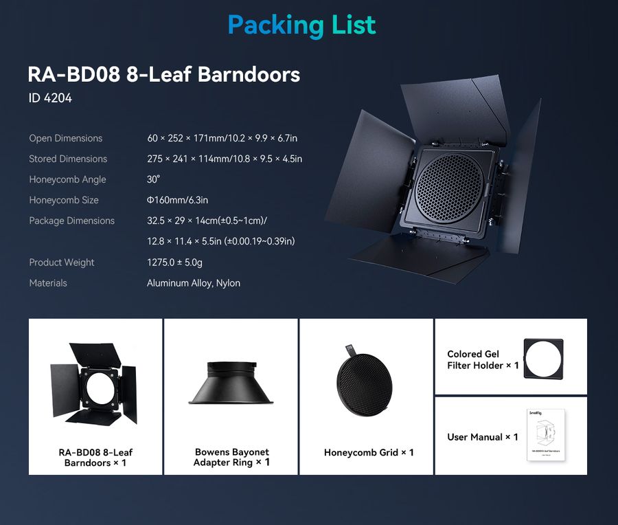 SmallRig RA-BD08 8-leaf Barndoors 4204 for Fresnel & Bowens Mount